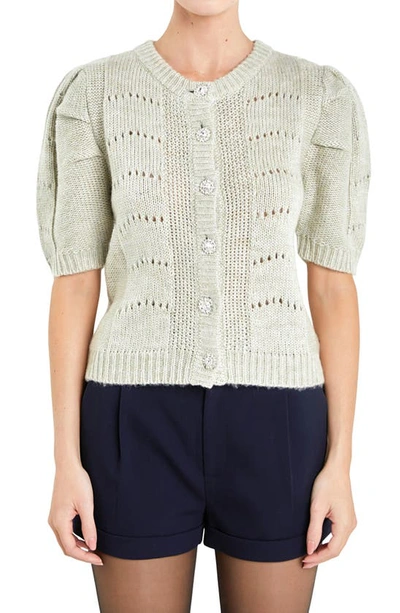 Shop English Factory Pointelle Puff Sleeve Cardigan In Green
