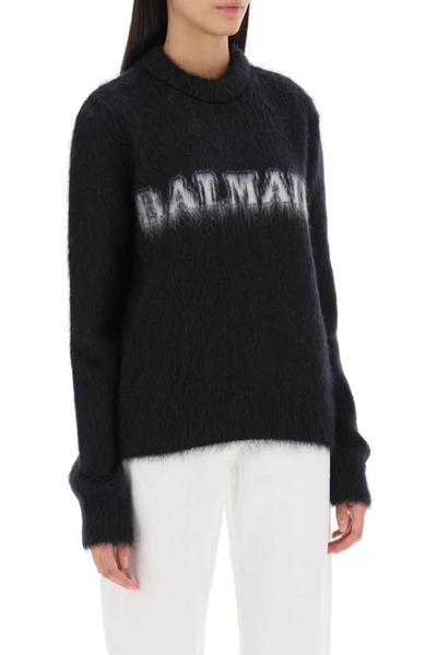 Shop Balmain Brushed Yarn Sweater With Logo