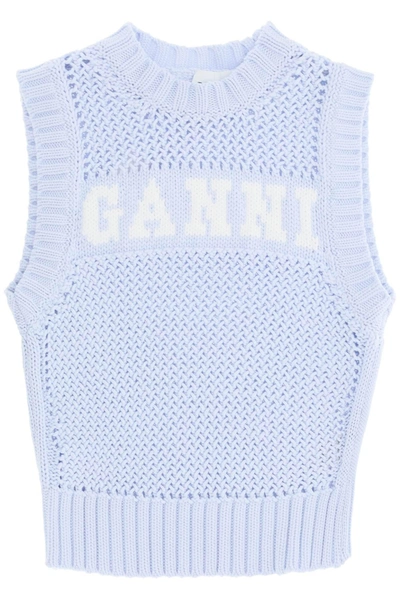 Shop Ganni Open Stitch Knitted Vest With Logo