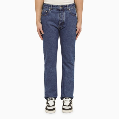 Shop Palm Angels Blue Jeans With Monogram Embroidery