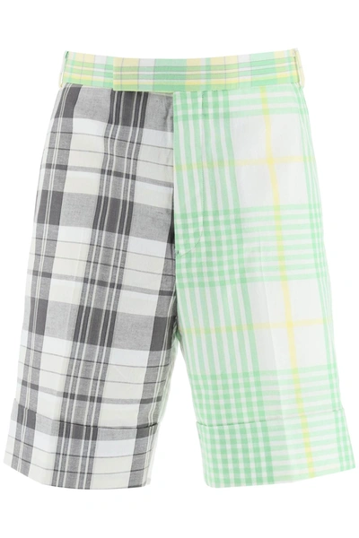 Shop Thom Browne Funmix Madras Cotton Shorts In White, Grey, Green