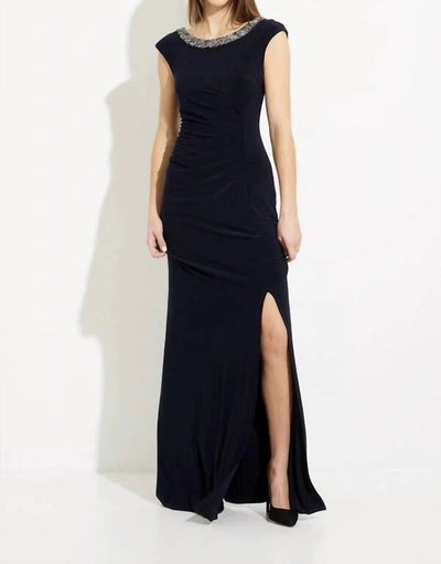Shop Joseph Ribkoff Embellished Neckline Ruched Gown In Navy In Blue