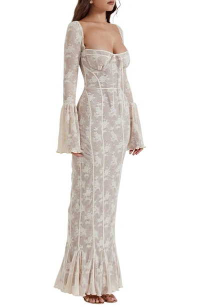 Shop House Of Cb Delilah Floral Long Sleeve Lace Maxi Dress In Vintage Cream