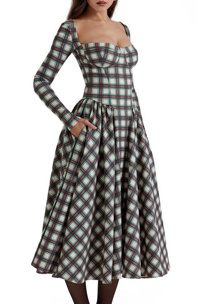 House Of Cb Eliza Tartan Long Sleeve Midi Cocktail Dress In Red Tartan Print