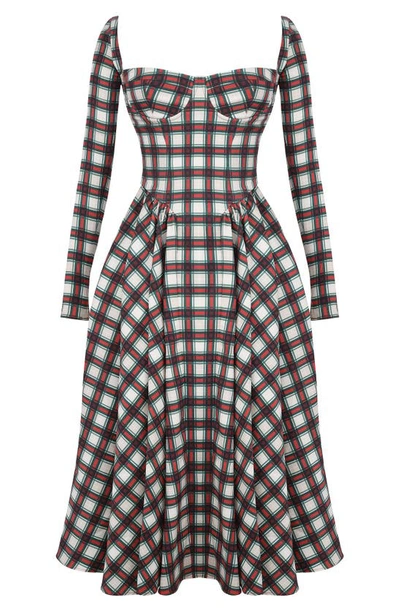 House Of Cb Eliza Tartan Long Sleeve Midi Cocktail Dress In Red Tartan Print