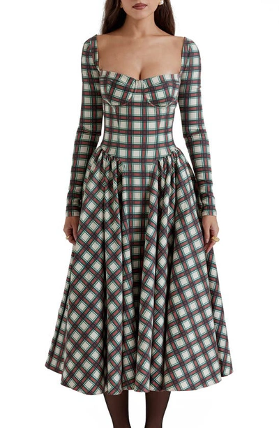 House Of Cb Eliza Tartan Long Sleeve Midi Cocktail Dress In Red Tartan Print