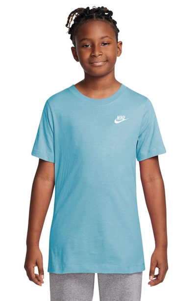 Shop Nike Kids' Embroidered Swoosh T-shirt In Aquarius Blue/ White