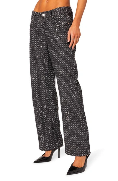 Edikted Nyah Sequin Low Rise Wide Leg Jeans In Black
