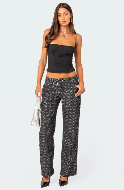 Edikted Nyah Sequin Low Rise Wide Leg Jeans In Black