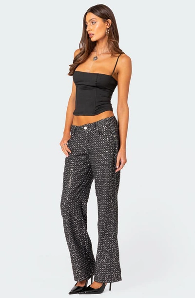 Edikted Nyah Sequin Low Rise Wide Leg Jeans In Black