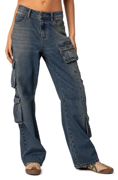 Shop Edikted Baggy Boyfriend Cargo Jeans In Blue-washed