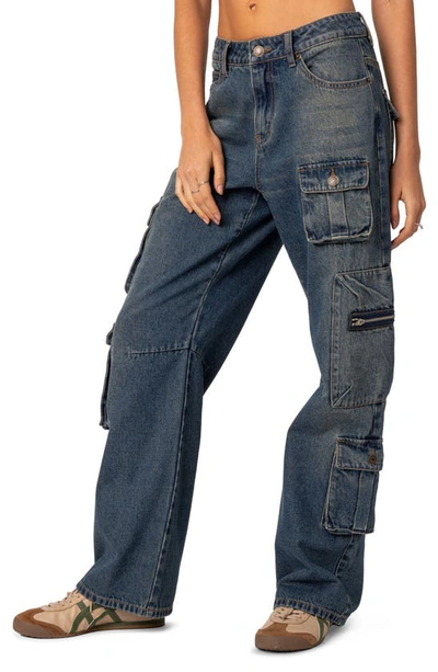Shop Edikted Baggy Boyfriend Cargo Jeans In Blue-washed