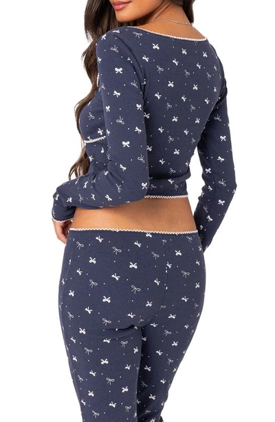 Shop Edikted Bradley Bow Print Rib Long Sleeve Crop Pajama Top In Navy