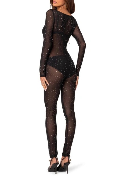 Edikted Kristine Rhinestone Sheer Long Sleeve Mesh Jumpsuit In Black