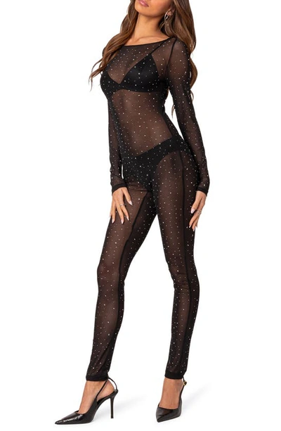 Edikted Kristine Rhinestone Sheer Long Sleeve Mesh Jumpsuit In Black