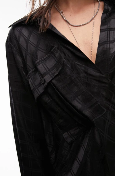 Shop Topshop Self Check Satin Asymmetric Button-up Shirt In Black