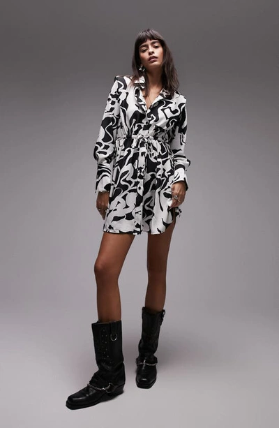 Shop Topshop Print Tie Waist Long Sleeve Shirtdress In Black Multi