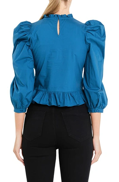 English Factory Smocked Puff Shoulder Poplin Top In Teal Blue