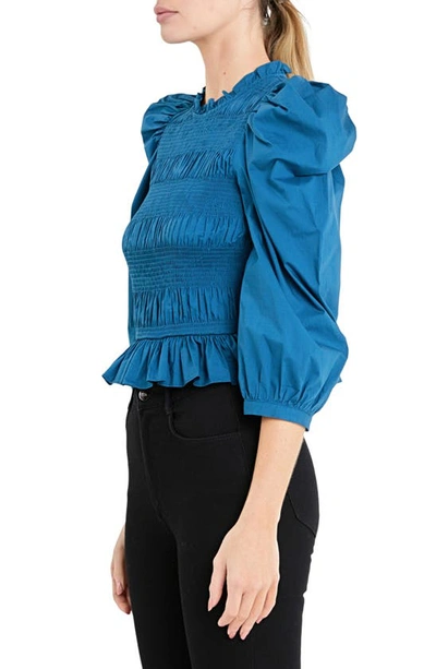 English Factory Smocked Puff Shoulder Poplin Top In Teal Blue