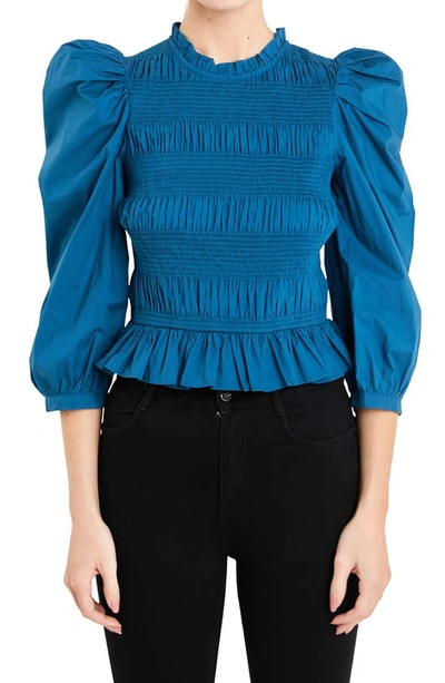 English Factory Smocked Puff Shoulder Poplin Top In Teal Blue