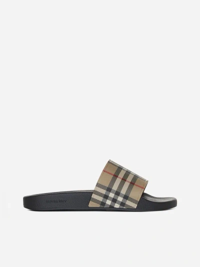 Shop Burberry Furley Check Rubber Slides In Archive Beige