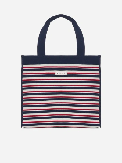Shop Marni Striped Canvas Medium Shopping Bag In Marine,ivory,red
