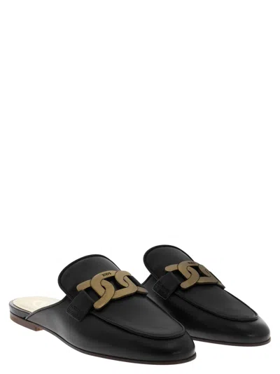 Tod's Glossy Black Slippers With Logo Plaque