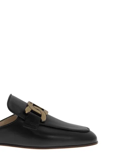 Tod's Glossy Black Slippers With Logo Plaque