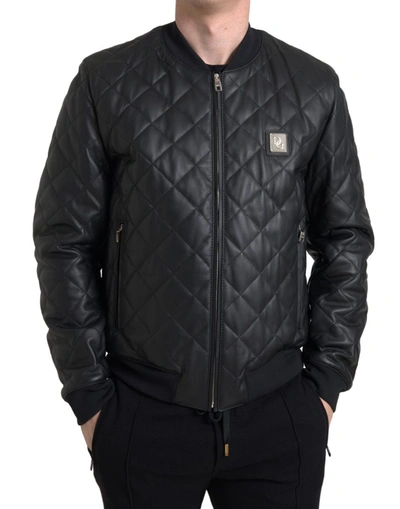 Shop Dolce & Gabbana Black Leather Full Zip Quilted Jacket