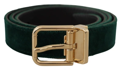 Shop Dolce & Gabbana Green Velvet Leather Gold Metal Logo Belt