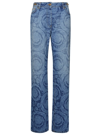 Shop Versace 'barocco' Blue Cotton Jeans Woman