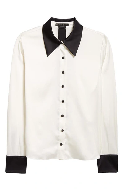 Shop Alice And Olivia Willa Contrast Trim Stretch Silk Button-up Shirt In Off White/ Black