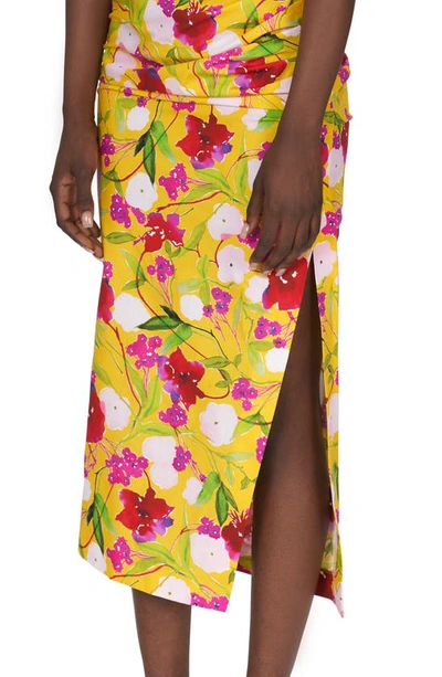 Shop Carolina Herrera Floral Print Ruched One Shoulder Cotton Dress In Taxi Cab Multi