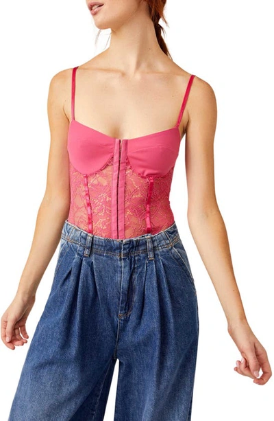 Shop Free People Intimately Fp Lace Night Rhythm Thong Bodysuit In Raspberry Sorbet