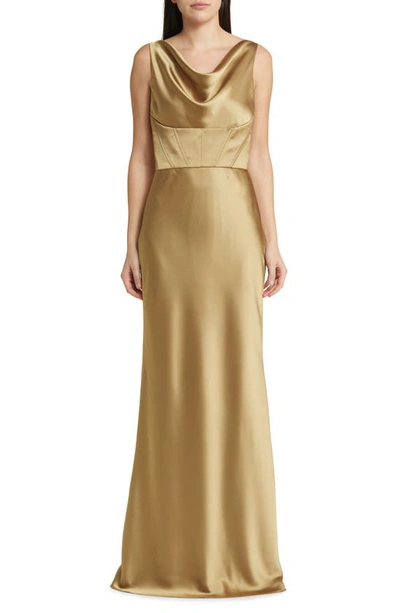 Shop Amsale Cowl Neck Corset Satin Gown In Gold