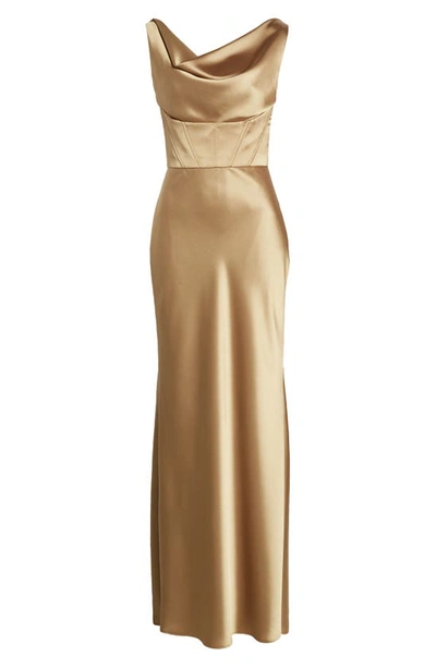 Shop Amsale Cowl Neck Corset Satin Gown In Gold