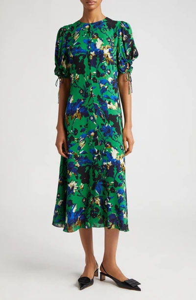 Shop Erdem Floral Print A-line Midi Dress In Green
