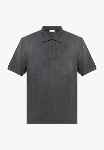 Shop Saint Laurent Cassandre Embroidered Polo T-shirt In Gray