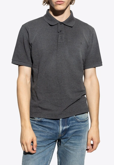 Shop Saint Laurent Cassandre Embroidered Polo T-shirt In Gray