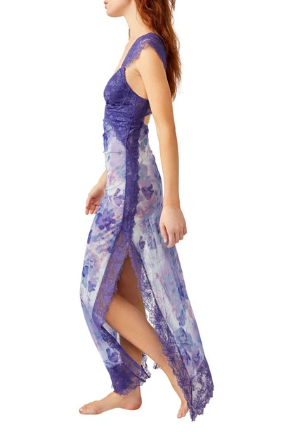 Shop Free People Suddenly Fine Floral Print Cutout Lace Trim Nightgown In Spring Rain Combo