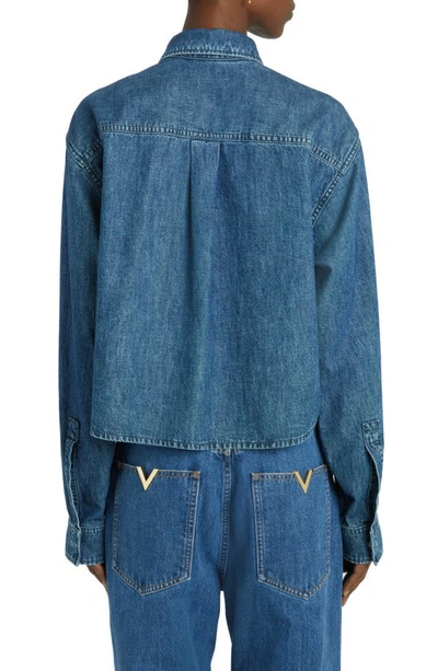 Shop Valentino Crop Denim Snap-up Shirt In Medium Blue Denim