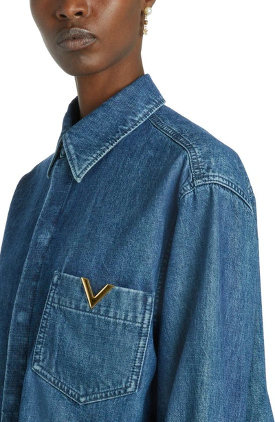 Shop Valentino Crop Denim Snap-up Shirt In Medium Blue Denim