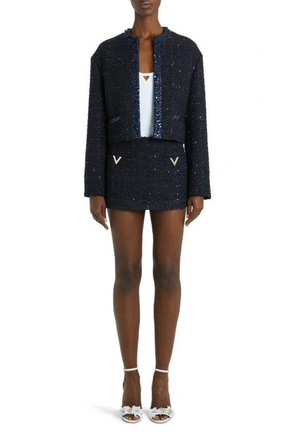 Shop Valentino Sequin Metallic Tweed Jacket In Navy Lurex/ Navy