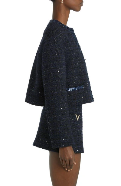 Shop Valentino Sequin Metallic Tweed Jacket In Navy Lurex/ Navy