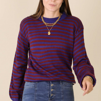 Shop Anna-kaci Horizontal Striped Knitted Round Collar Sweater In Blue