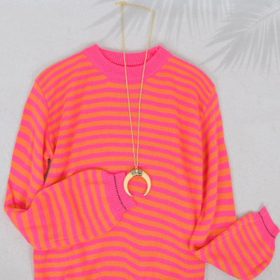 Shop Anna-kaci Horizontal Striped Knitted Round Collar Sweater In Orange