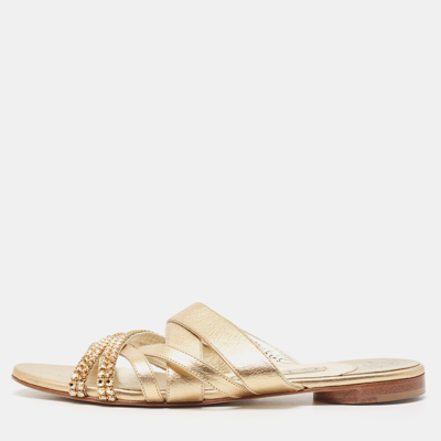 Pre-owned Gina Golden Leather Crystal Embellished Slide Sandals Size 38 In Metallic