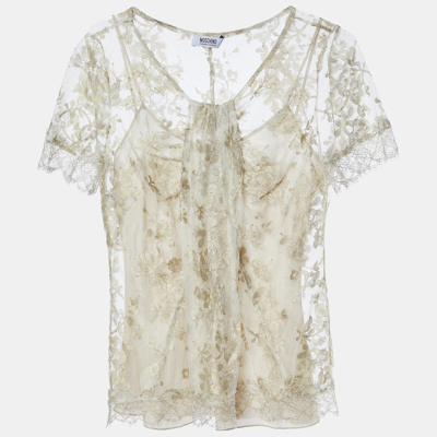 Pre-owned Moschino Cheap And Chic Gold Floral Lace Half Sleeve Top S