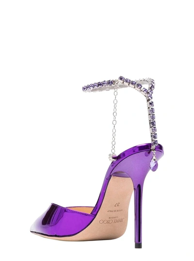 Shop Jimmy Choo 'saeda' Purple Pointed And Closed Toe Sandals With Rhinestone Chain In Metallic Leather Woman In Violet