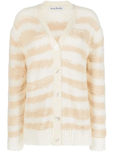 Acne Studios Striped Distressed Cardigan With In Dgd Off White/ecru